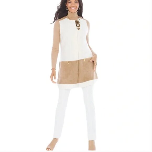 Chico's Women's Cream Textured Wool Long Vest With Snaps Faux Suede Panel XL - Picture 3 of 8